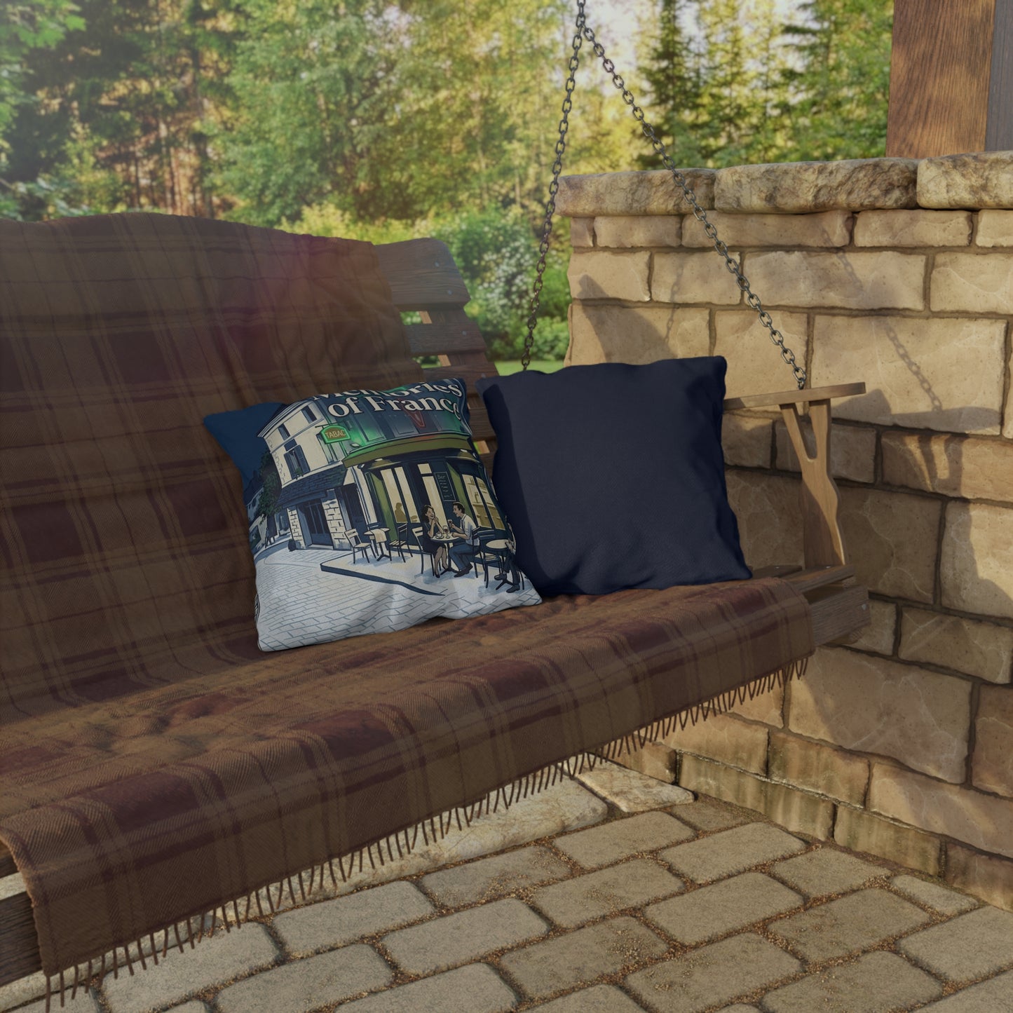 Memories of France Outdoor Pillows | French Cafe Patio Cushion, Bistro Street Scene