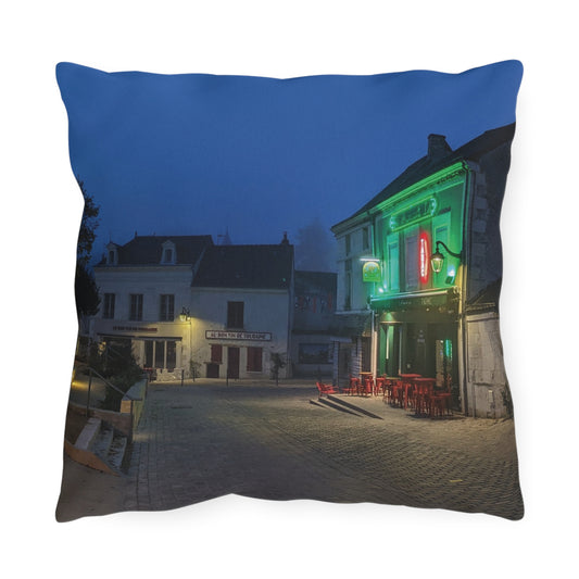 Nighttime Cafe Street Scene Outdoor Pillow | European Village Decor
