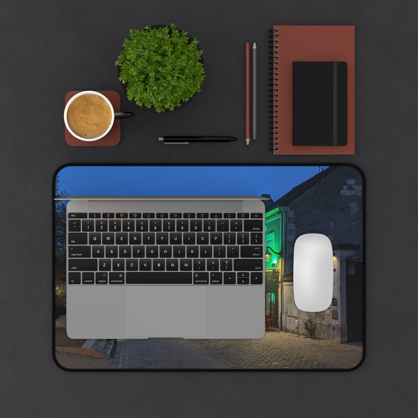 Nighttime European Street Desk Mat | Neon Cafe Cobblestone Scene