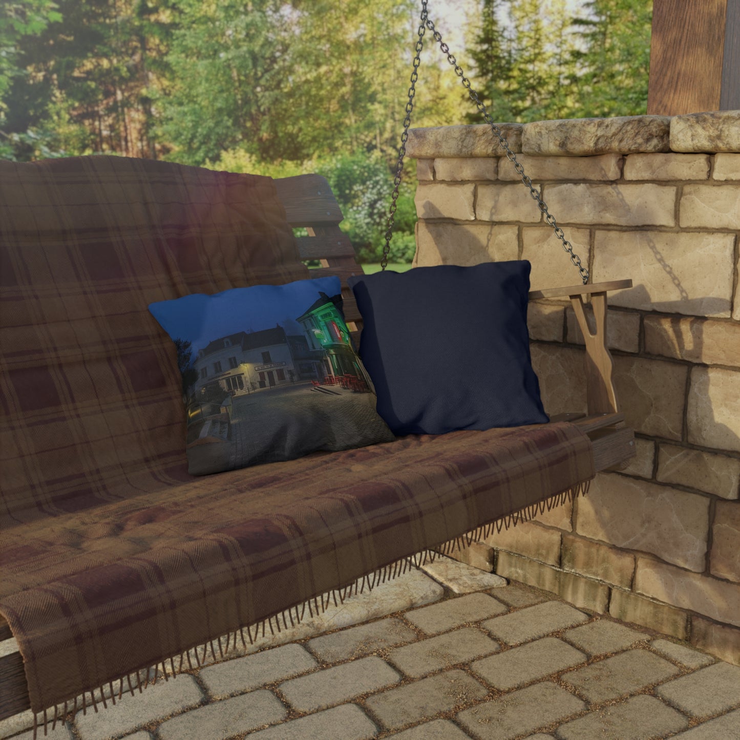 Nighttime Cafe Street Scene Outdoor Pillow | European Village Decor