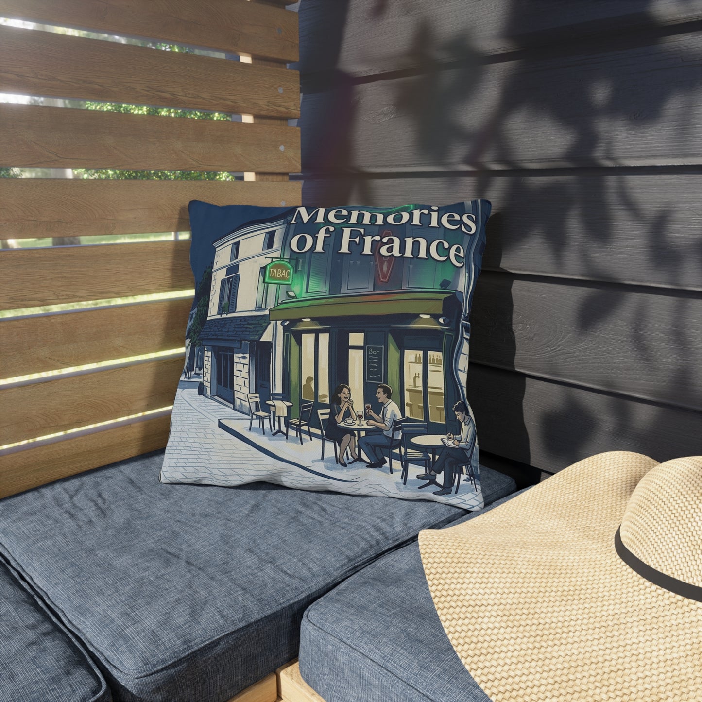 Memories of France Outdoor Pillows | French Cafe Patio Cushion, Bistro Street Scene