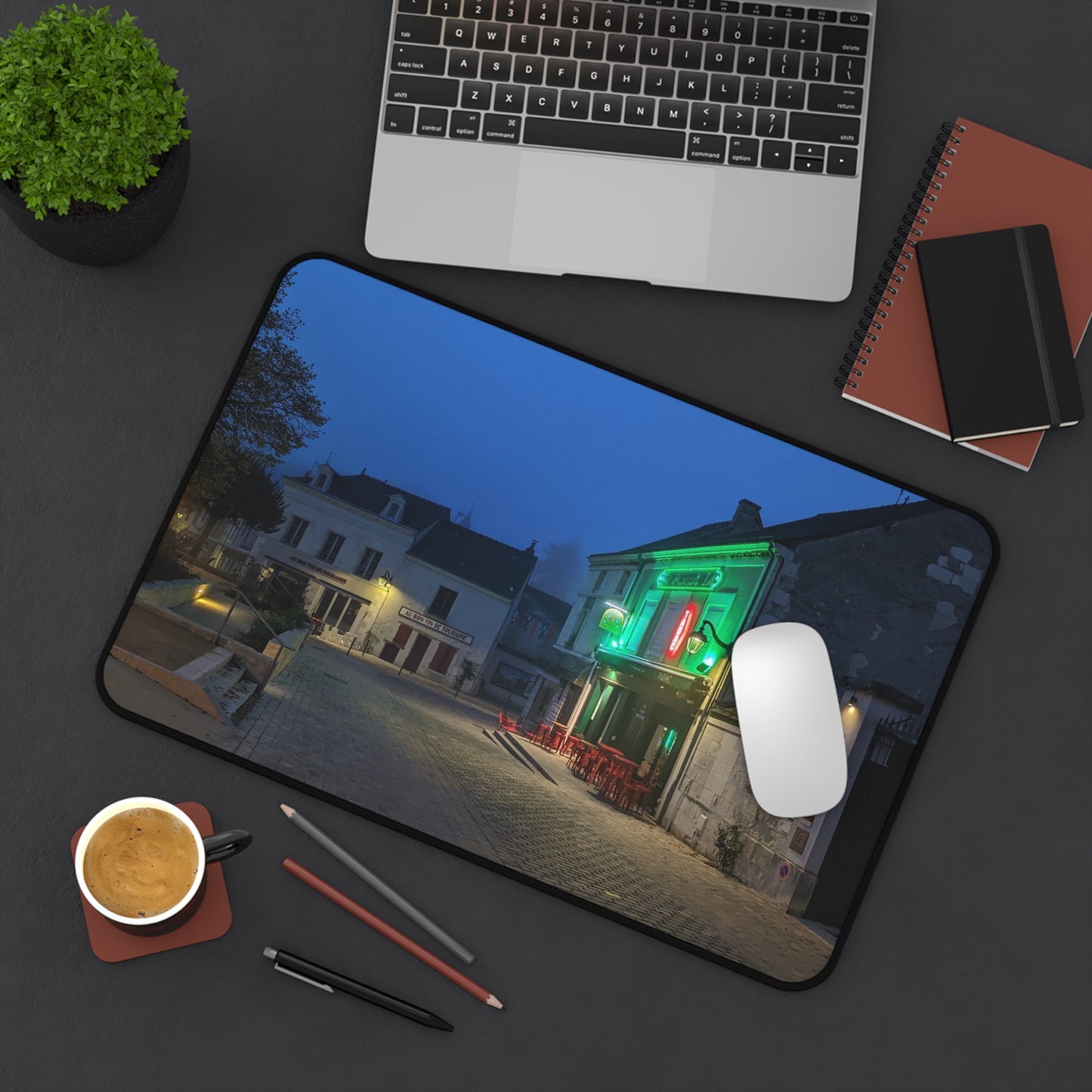 Nighttime European Street Desk Mat | Neon Cafe Cobblestone Scene