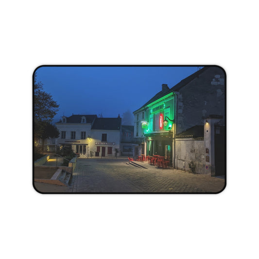Nighttime European Street Desk Mat | Neon Cafe Cobblestone Scene