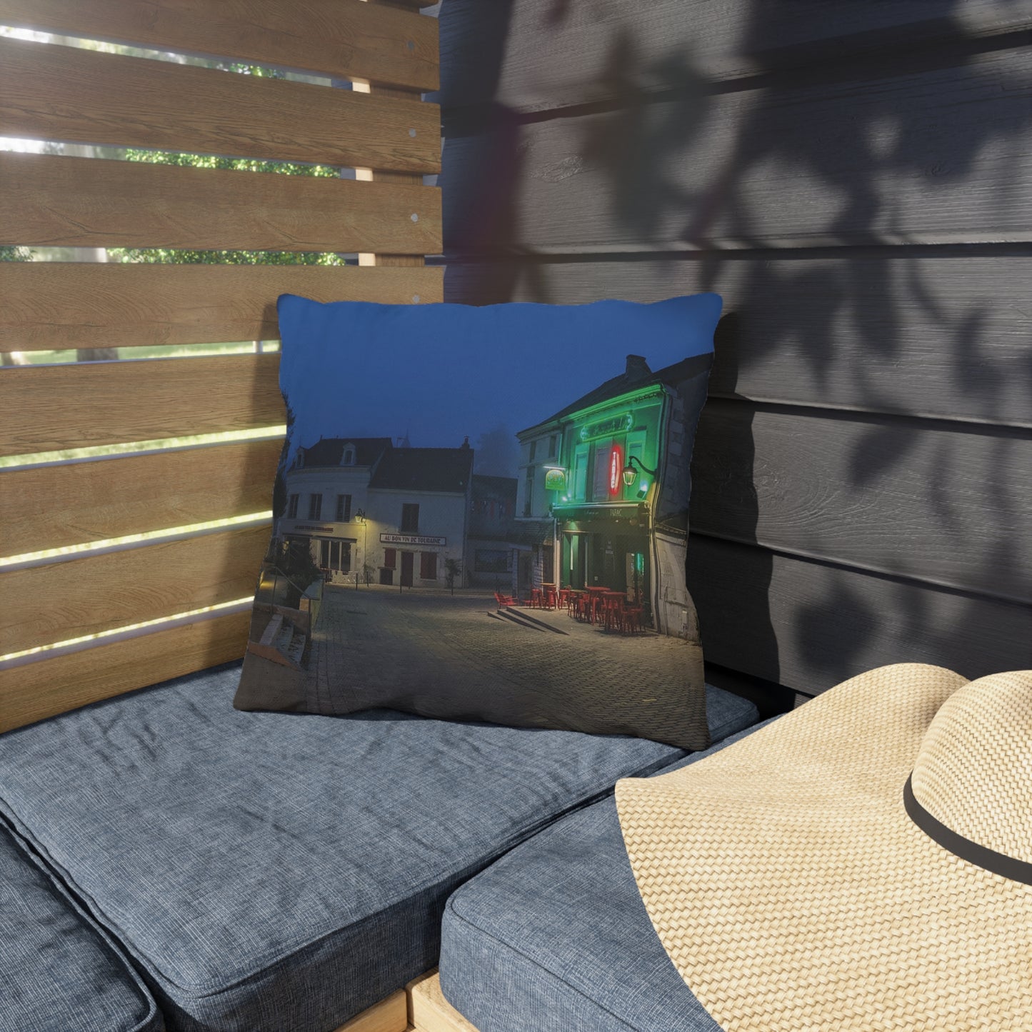 Nighttime Cafe Street Scene Outdoor Pillow | European Village Decor
