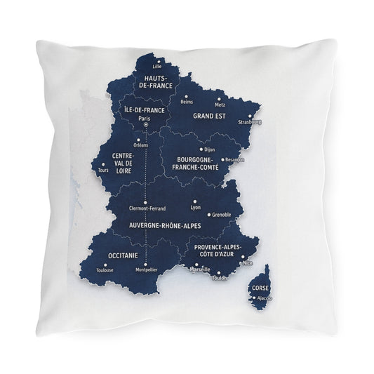France map outdoor pillow | French regions navy map cushion