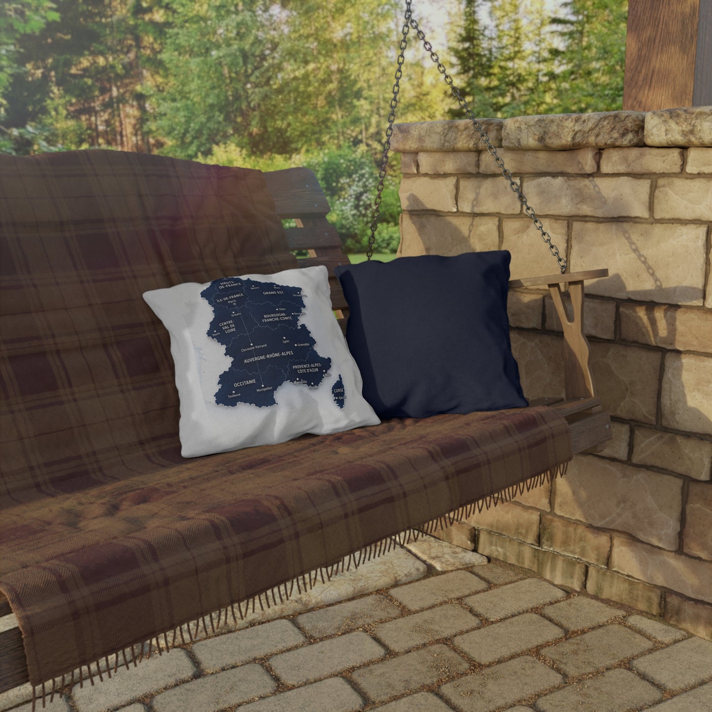 France map outdoor pillow | French regions navy map cushion